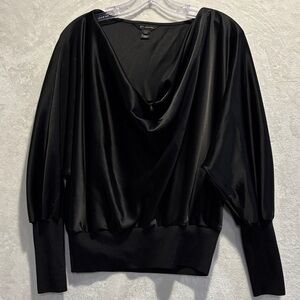 St. John Satin Black Blouse Knit Trim Cowl Neck Dolman Sleeve Top Size Medium